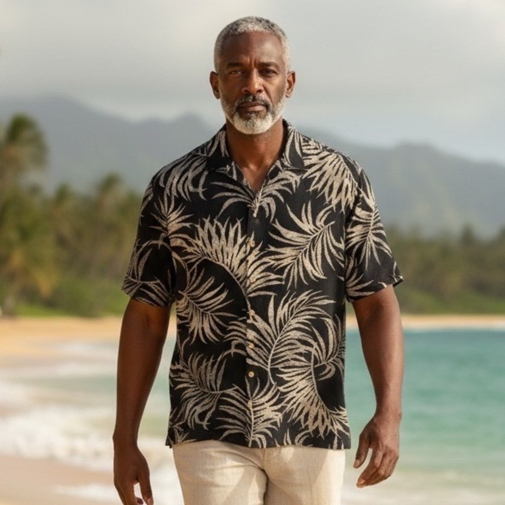 Caribbean Silk Blend Mens 2X Black Tan Palm Print Button Down‎ Shirt Tropical